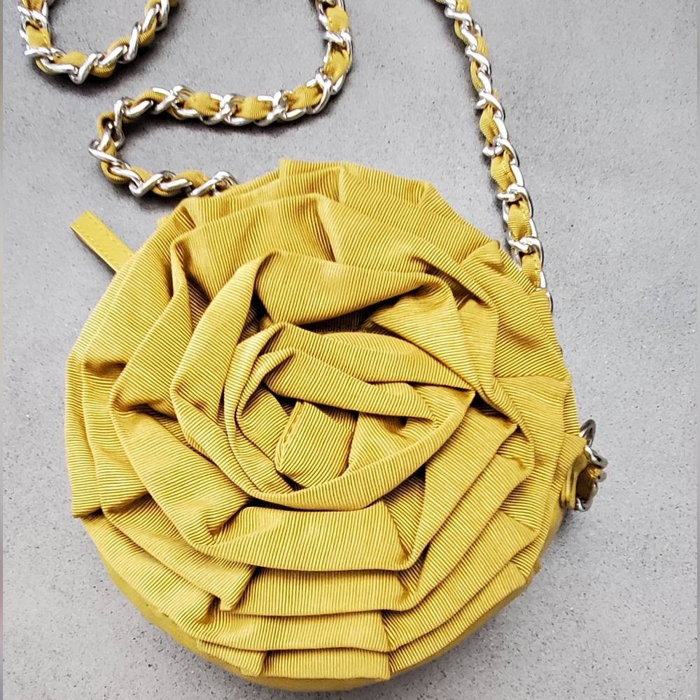 Chocolate New York Rosette Crossbody Mini Bag, Mustard, Silver Chain, EUC - Picture 3 of 16